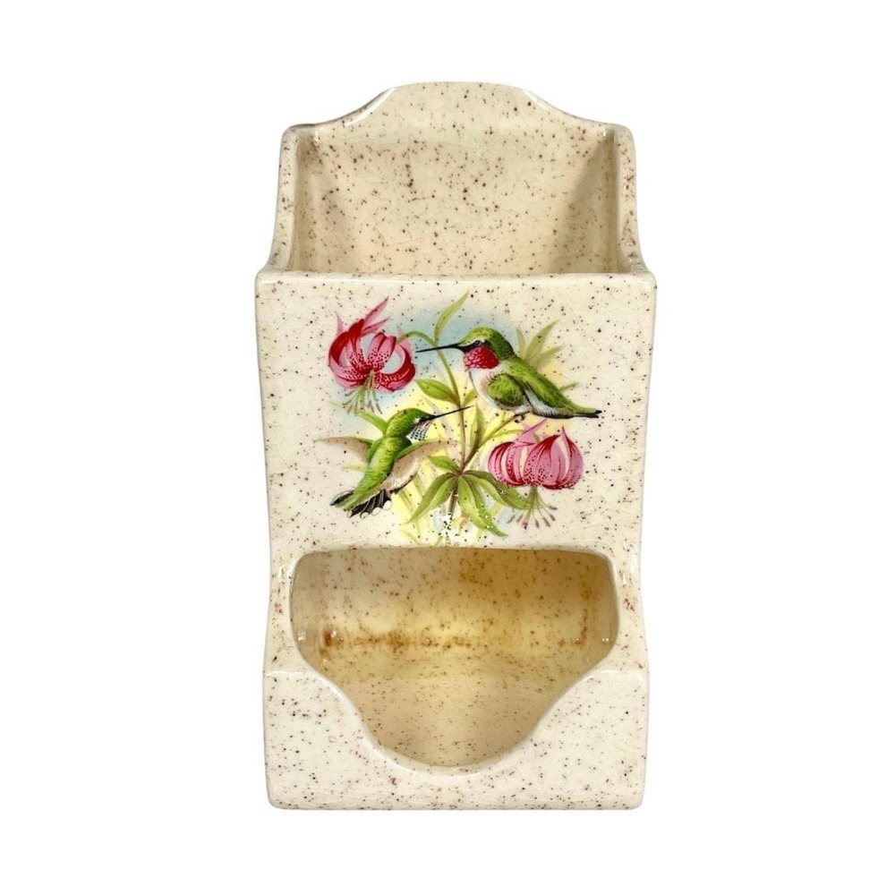 Vintage Ceramic Match Holder Wall Pocket Hummingbird Floral Speckled 6 Inch